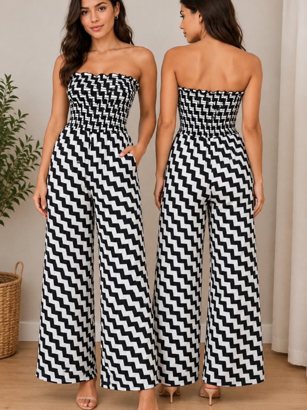 Audrey Black White Chevron Smocked Strapless Wide Leg Jumpsuit Small DH8296